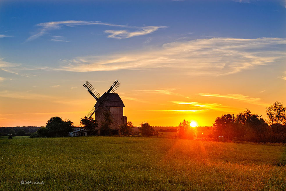 Sonnenaufgang an der Bockwindmuehle Vehlefanz, Maerkisches Licht